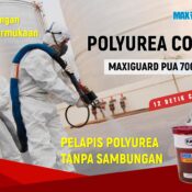 Proses aplikasi spray polyurea coatings pada permukaan beton untuk waterproofing.