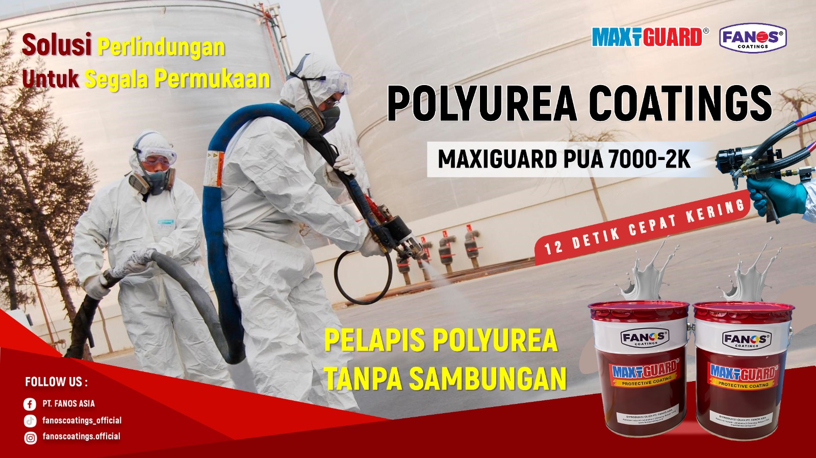 Proses aplikasi spray polyurea coatings pada permukaan beton untuk waterproofing.