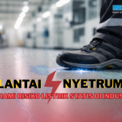 Proses perpindahan elektron penyebab listrik statis saat terjadi gesekan antara sol sepatu dan lantai industri.